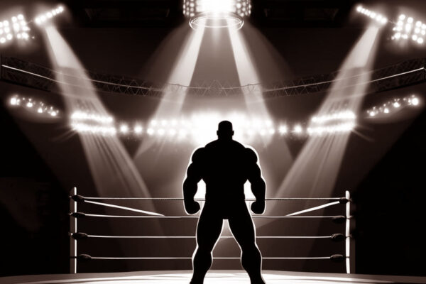 Silhouette of pro wrestler standing outside of a wrestling ring