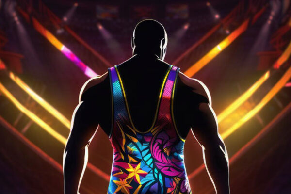 Silhouette of pro wrestler wearing multi-colored singlet