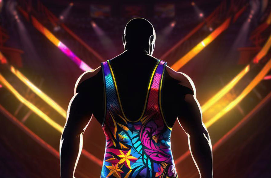 Silhouette of pro wrestler wearing multi-colored singlet