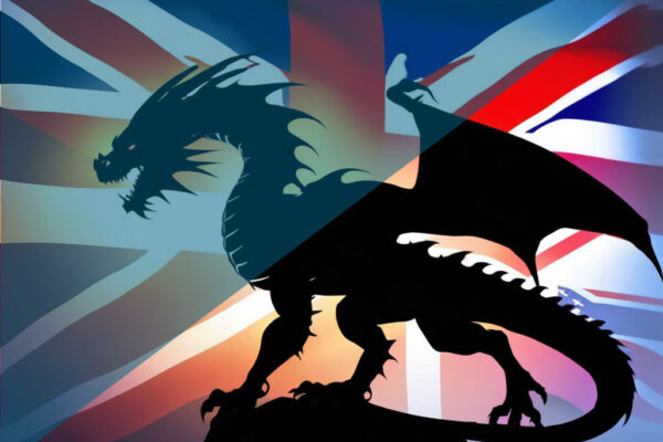 Dragon in front of British flag