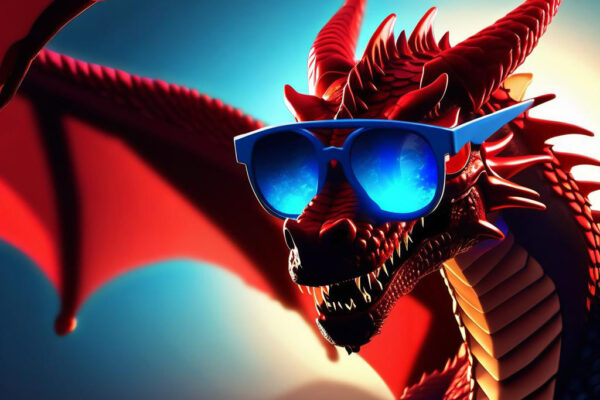 Red dragon wearing blue sunglasses