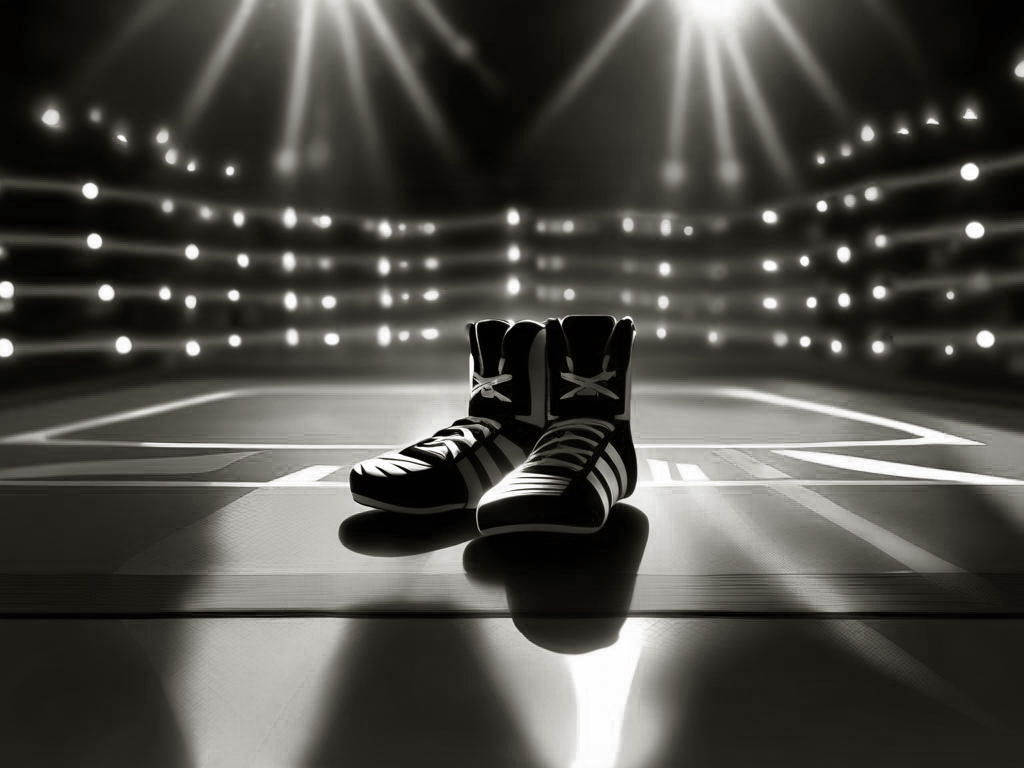 Wrestling shoes sitting on a mat